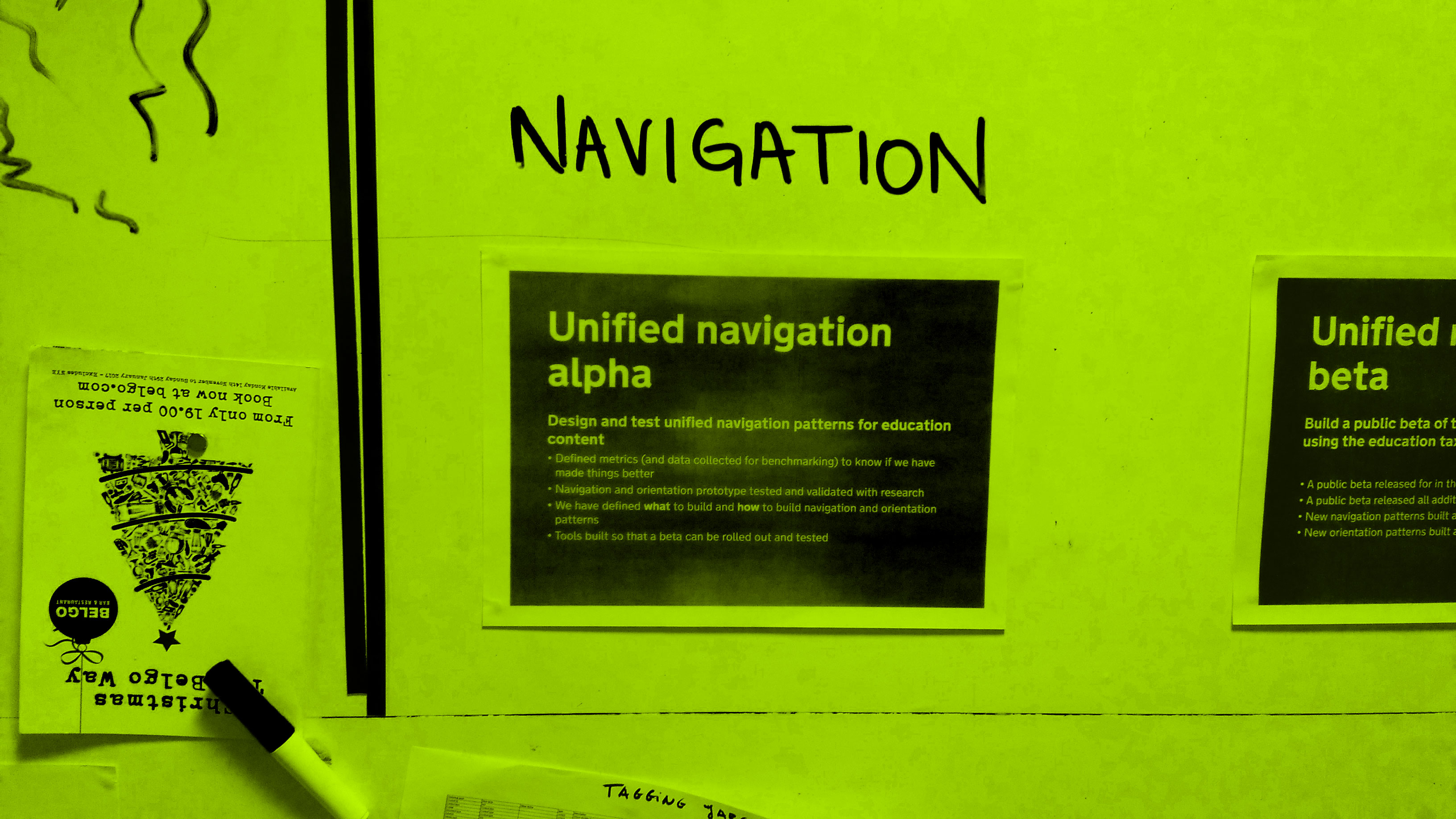A piece of paper stuck to a whiteboard showing the mission statement for the navigation alpha