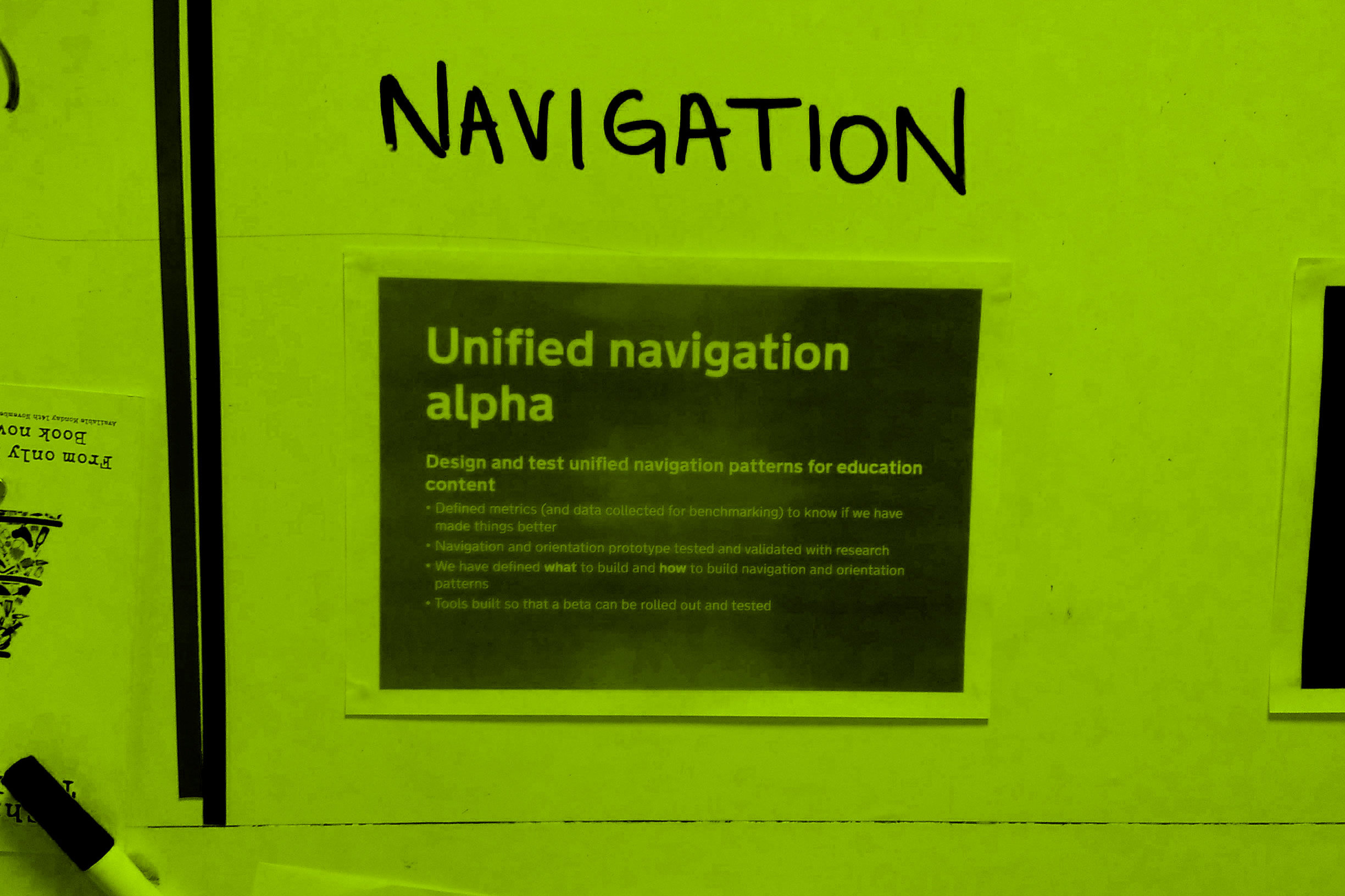 The mission statement for the navigation alpha printed on a sheet of paper and stuck on the wall